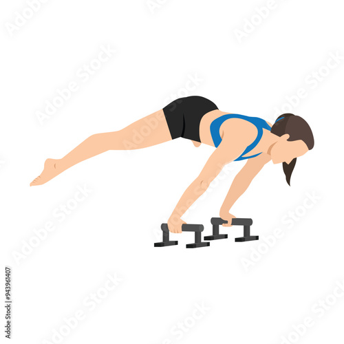 Woman doing perfect straddle planche with Push up Bars. Flat vector illustration isolated on white background