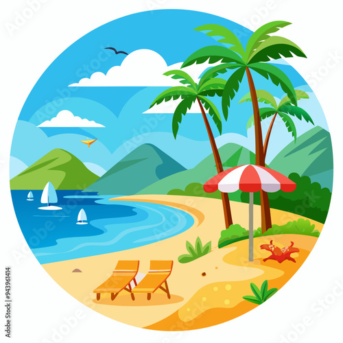 Tropical Beach Scene with Palm Trees, Loungers, and Sailboats
