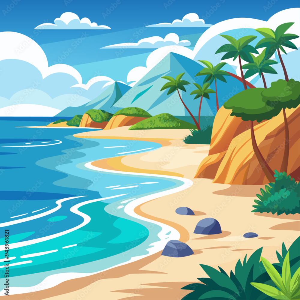 Obraz premium Tropical Beach Scene with Palm Trees and Blue Mountains