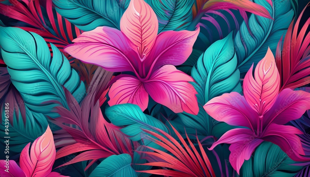 exotic pattern with pink, turquoise and magenta leaves and flowers exotic pattern with pink, turquoise and magenta leaves and flowers