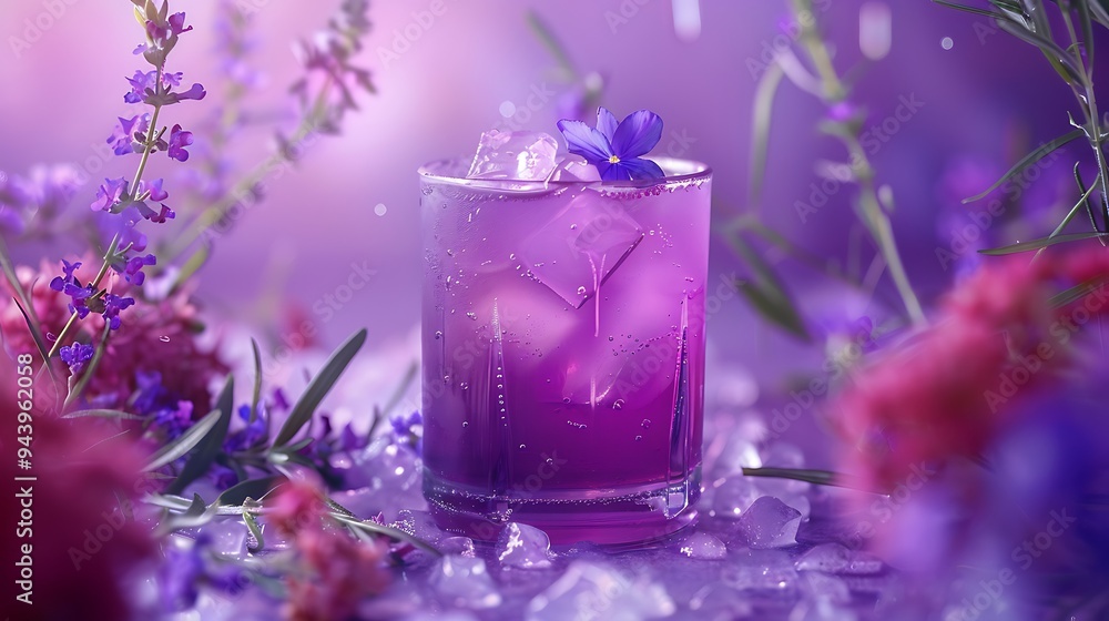 A revitalizing tragic mary and crop beverage with a violet theme A revitalizing tragic mary and crop beverage with a violet theme