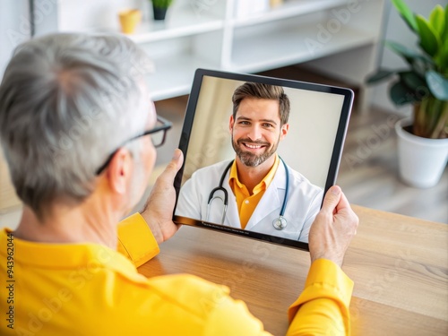 Telemedicine Consultation: Friendly, approachable, yellow-orange, concept of a video call with a doctor on a tablet screen. photo