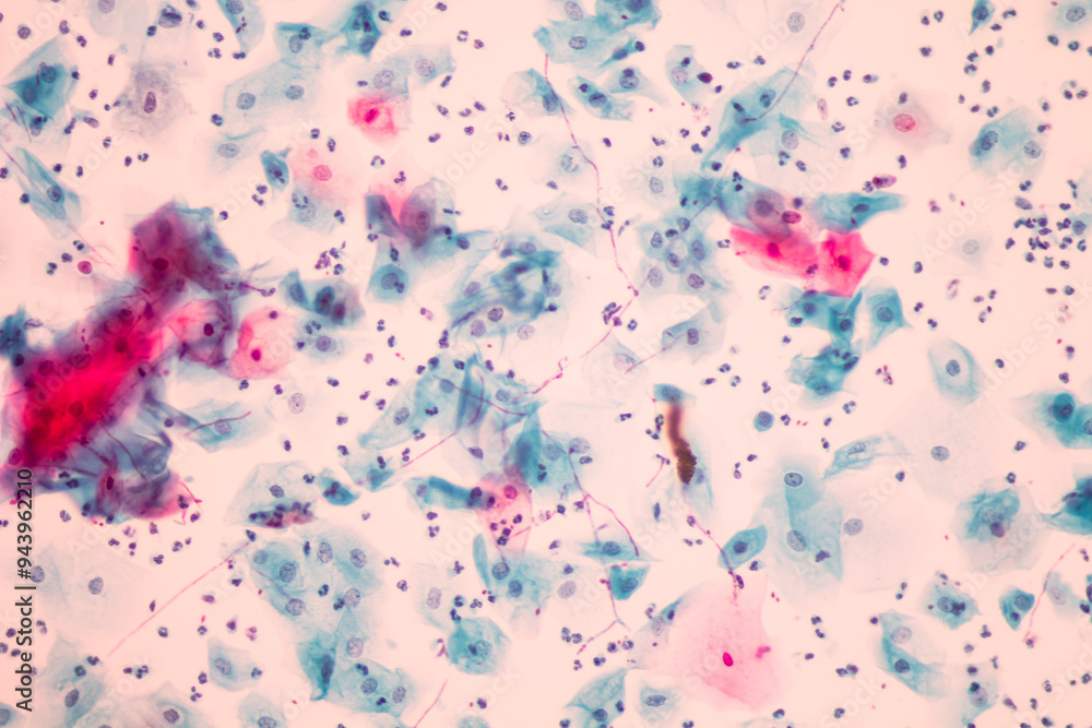 Obraz premium View in microscopic of Candidiasis, fungus infection (Yeast and Pseudohyphae form) in pap smear slide cytology and diagnostic by pathologist.Gynecology report and diagnosis.Sexually transmitted infect