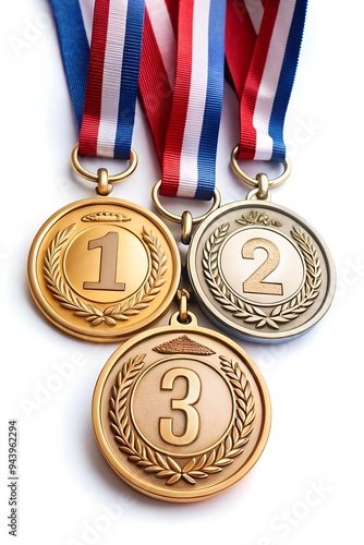 Medals for the first prize. A gold medal with the number 1 written on it. A silver medal with the number 2 written on it. A bronze medal with the number 3 written on it. isolated white background