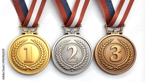 Medals for the first prize. A gold medal with the number 1 written on it. A silver medal with the number 2 written on it. A bronze medal with the number 3 written on it. isolated white background