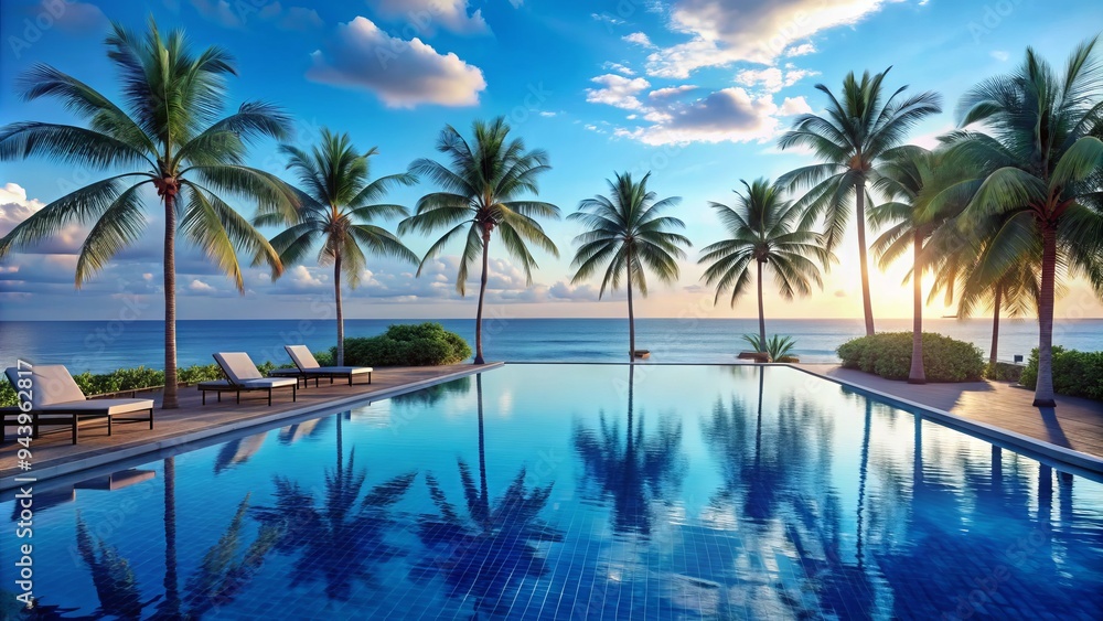 Tranquil Azure Oasis: Poolside with serene blue hues, palm trees, and a distant view of the ocean, evoking tranquility and relaxation. Tranquil Azure Oasis: Poolside with serene blue hues, palm trees, and a distant view of the ocean, evoking tranquility and relaxation.