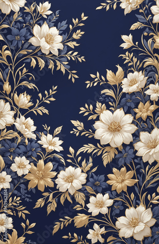 vintage royal navy blue with elegant white and gold flowers pattern