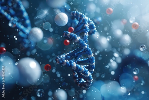 A blue and white DNA strand is surrounded by red and blue spheres