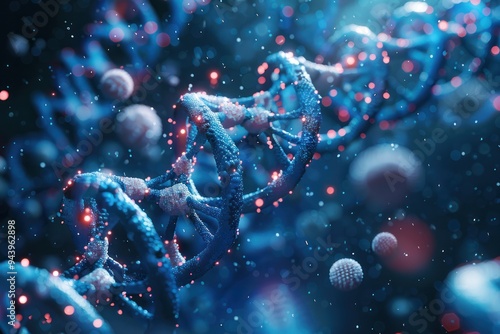 A blue and red DNA strand with a bunch of other colored dots surrounding it