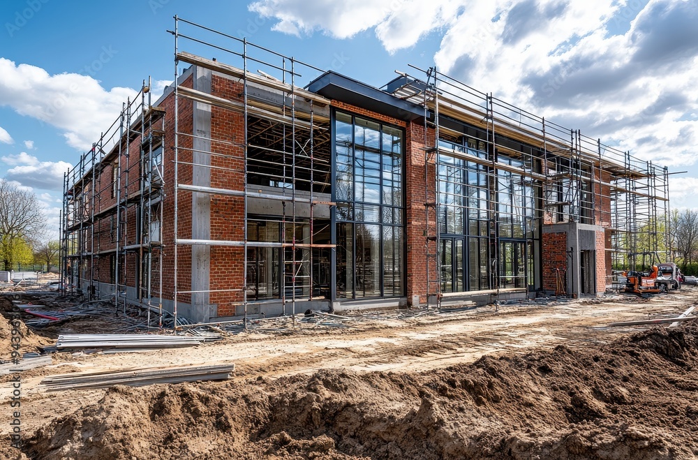 Construction Site with Brick and Glass Building Construction Site with Brick and Glass Building