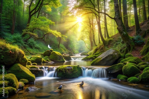 Tranquil Forest Haven: Gentle Flowing Water, Birdsong, Earthy Tones, Serenity, Connection
