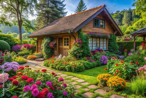 Tranquil Garden Cottage: Cozy cottage surrounded by lush greenery and blooming flowers, with a serene atmosphere.