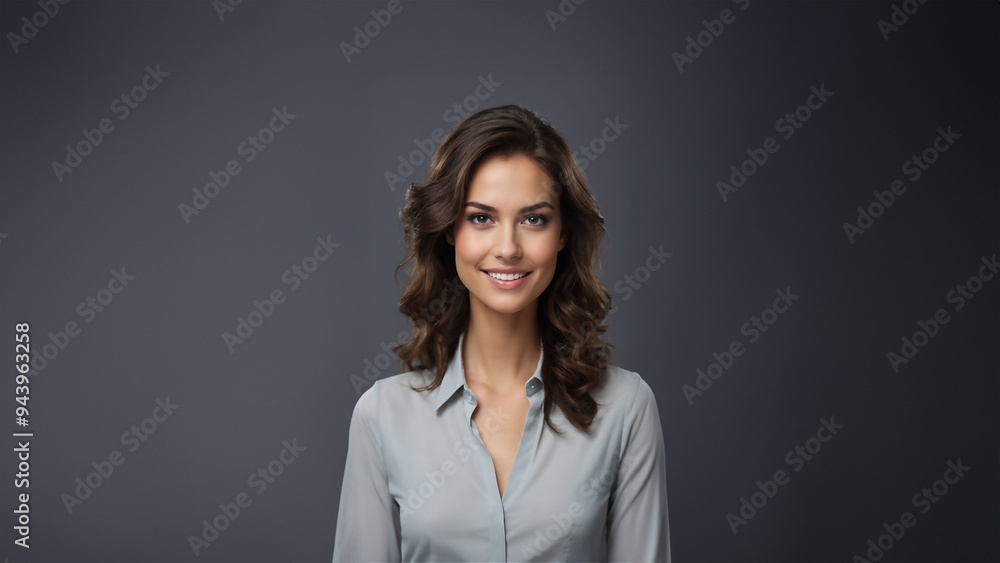 Radiant young American businesswoman with flawless skin and natural beauty. Brunette with neat hair and a warm smile, gazing confidently at camera Radiant young American businesswoman with flawless skin and natural beauty. Brunette with neat hair and a warm smile, gazing confidently at camera