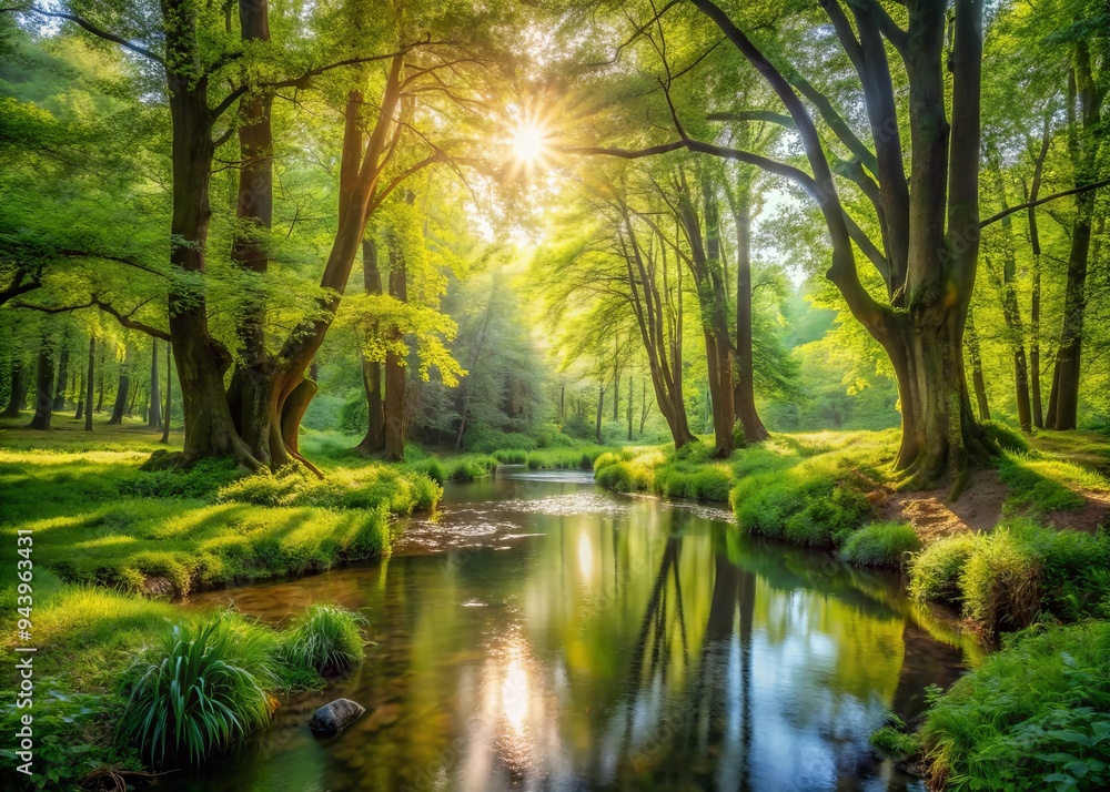 Tranquil Woodland Glade: Tranquil, secluded, dense foliage, soft sunlight, tranquil stream Tranquil Woodland Glade: Tranquil, secluded, dense foliage, soft sunlight, tranquil stream