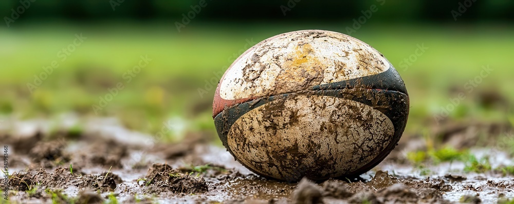 Rugby ball lying on a muddy field after a match, symbolic of the sport s rugged nature, Rugby, End of Battle Rugby ball lying on a muddy field after a match, symbolic of the sport s rugged nature, Rugby, End of Battle