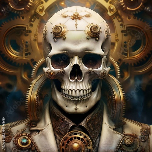 A steampunk skull man is wearing a steampunk suit
