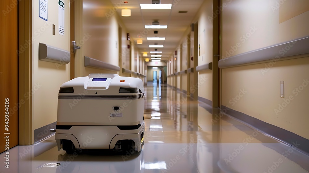 A robot that cleans hospitals while moving through the hallways A robot that cleans hospitals while moving through the hallways