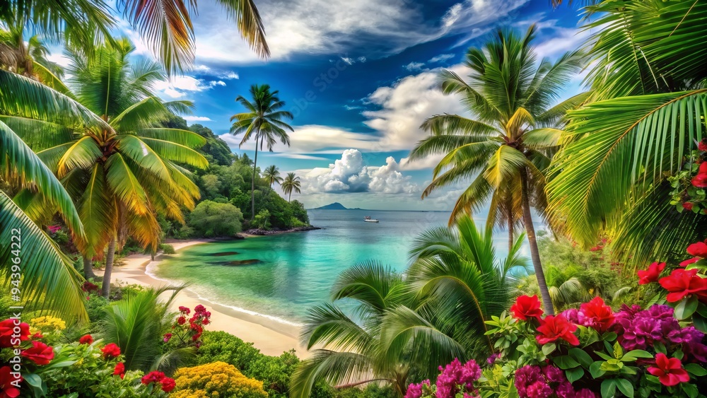 Fototapeta premium Tropical Paradise: Lush greenery, vibrant florals, warm hues, beachy vibes
