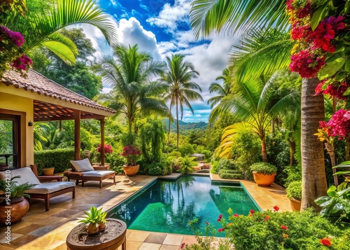 Tropical Paradise: Lush plants, vibrant colors, exotic patterns, outdoor terrace, pool views photo