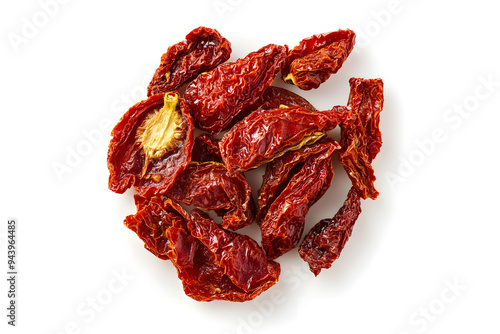 Top view sun-dried tomatoes, traditional Italian food, isolated on white on white