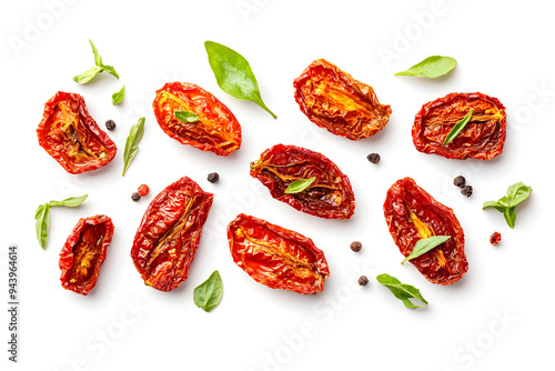 Top view sun-dried tomatoes, traditional Italian food, isolated on white on white