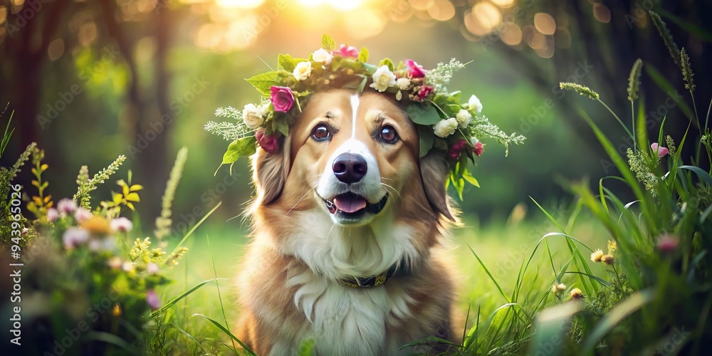 A serene canine model posing with a delicate flower crown on its head, surrounded by lush greenery, exuding innocence and whimsical charm in a natural setting. A serene canine model posing with a delicate flower crown on its head, surrounded by lush greenery, exuding innocence and whimsical charm in a natural setting.