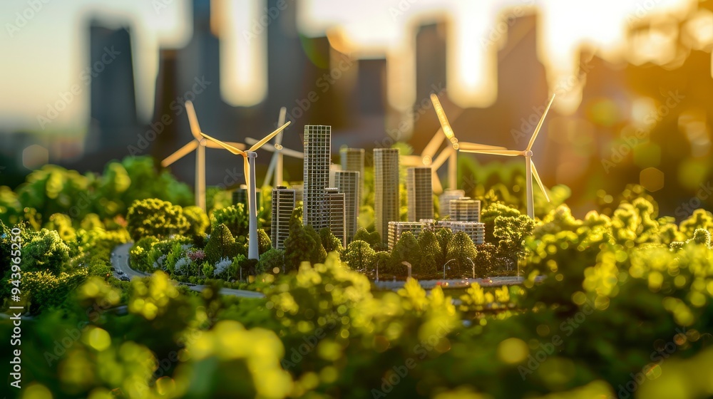 A miniature cityscape featuring wind turbines and greenery, symbolizing sustainable urban design. A miniature cityscape featuring wind turbines and greenery, symbolizing sustainable urban design.