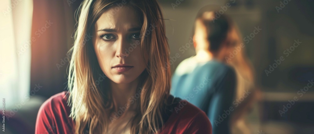 Fototapeta premium A tense scene of two people indoors: a woman with blonde hair conveys concern or anger towards a blurred figure. The setting suggests disharmony and possible conflict.