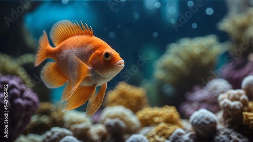 A tight shot of a fish swimming near corals and sea anemones in an aquarium. photo