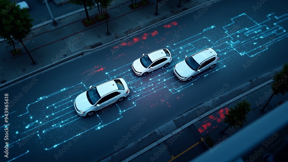 Three White Vehicles on a Red and Blue Grid Three white cars navigate a city street marked by a vibrant network of red and blue lines. Three White Vehicles on a Red and Blue Grid Three white cars navigate a city street marked by a vibrant network of red and blue lines.