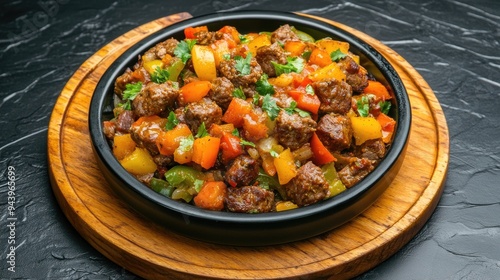 Delicious beef is cooked with vibrant green chilies and peppers, presented in an iron bowl alongside freshly made naan, creating an inviting dining experience