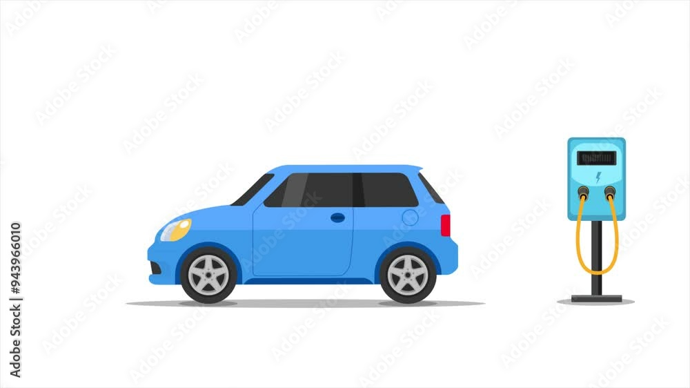 Power supply for electric car charging. Electric car charging station. Cartoon 4k motion animation Power supply for electric car charging. Electric car charging station. Cartoon 4k motion animation