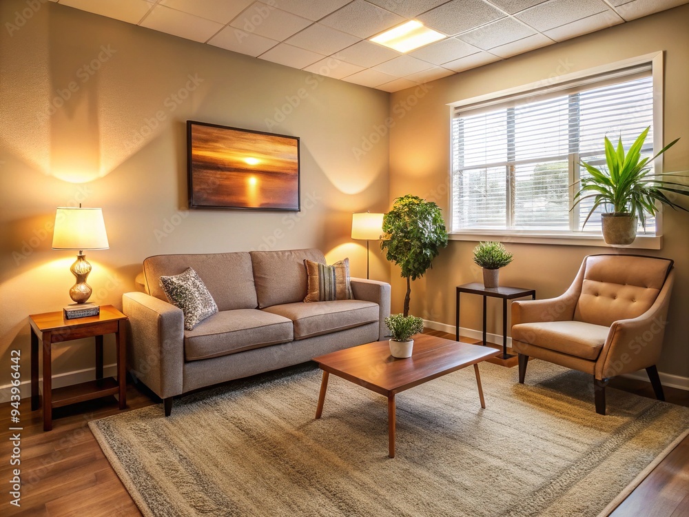 Fototapeta premium A serene counseling room with a comfortable couch and chair, warm lighting, and calm atmosphere, conveying a sense of trust and emotional support.