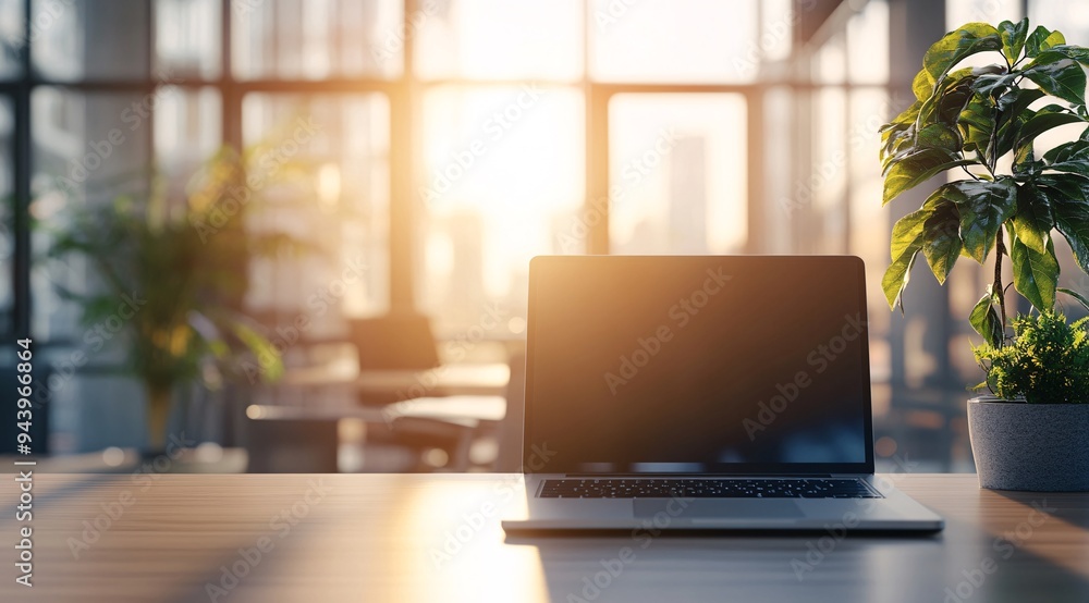 Fototapeta premium Modern Laptop on Wooden Desk with Sunlight and Plant