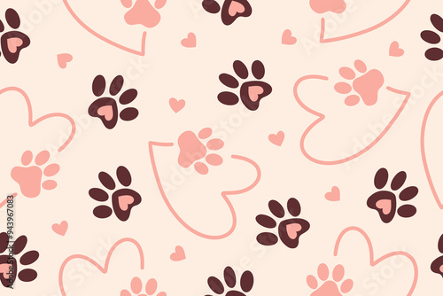 Seamless pattern with the image of a silhouette of a pet's paw. Abstract wallpaper with the image of an animal paw, design, decor for fabric, packaging, accessories. Vector 