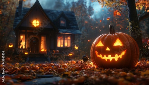 Wallpaper Mural Halloween Pumpkin on a House Porch with Glowing Jack-o'-Lanterns at Night Torontodigital.ca