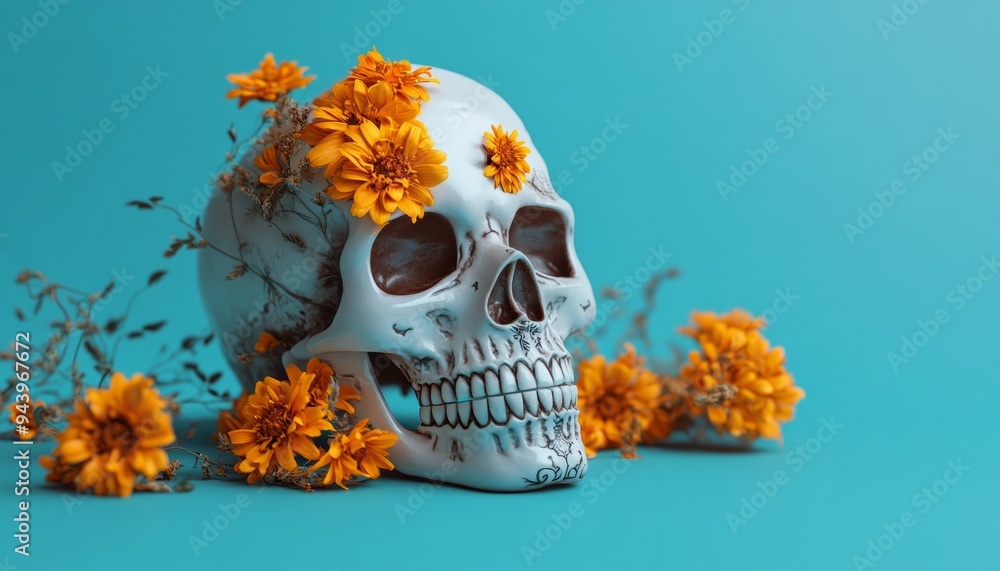White Skull Decorated with Orange Marigolds for Dia de Muertos on Blue Background White Skull Decorated with Orange Marigolds for Dia de Muertos on Blue Background