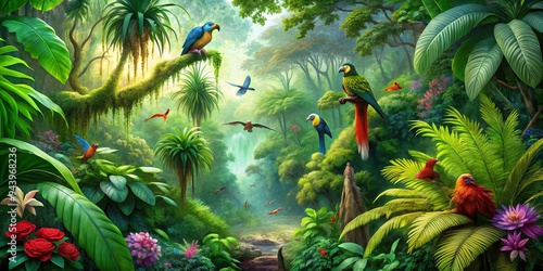 Viridescent Rainforest: Lush foliage, exotic birds, vibrant atmosphere, green hues, impressionistic style photo