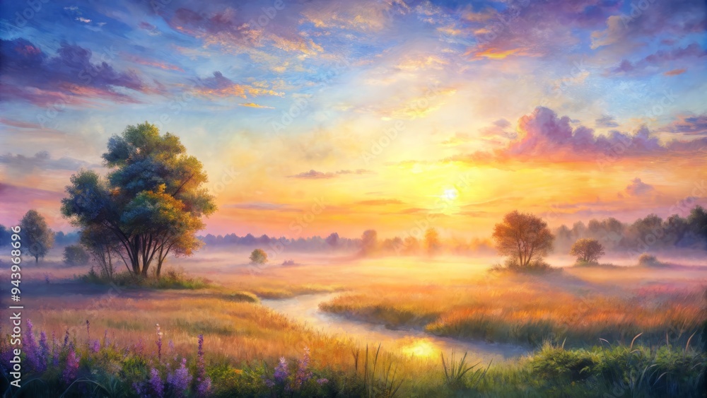 Watercolor Prairie Sunrise: Tranquil, ethereal, soft purples and oranges, peaceful landscape Watercolor Prairie Sunrise: Tranquil, ethereal, soft purples and oranges, peaceful landscape