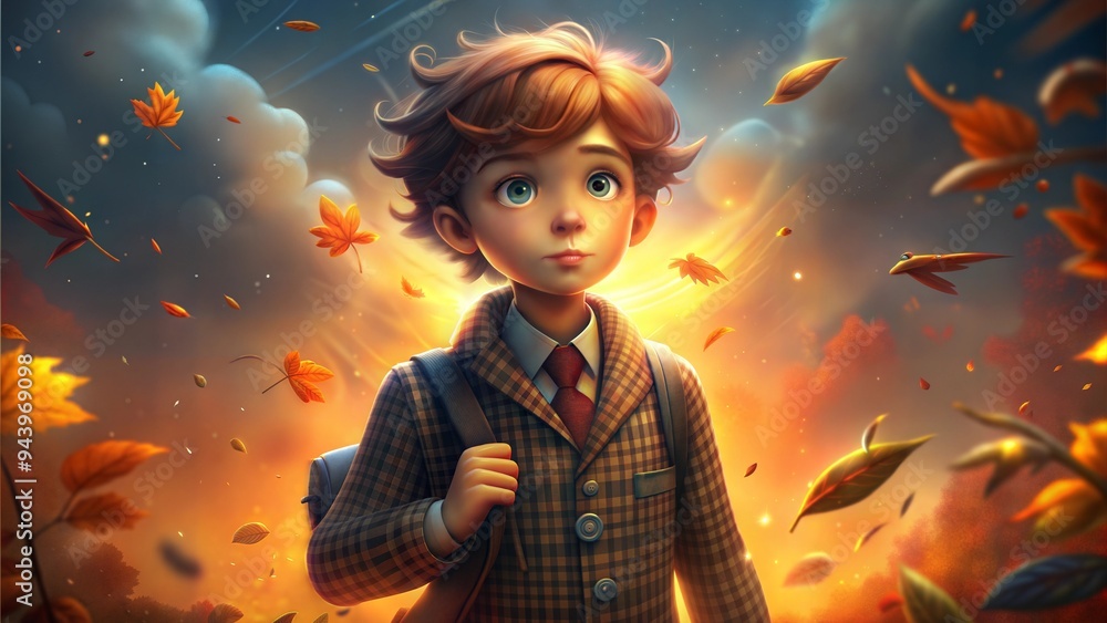Thoughtful Young Boy in Autumn Scene with Falling Leaves
Thoughtful Young Boy in Autumn Scene with Falling Leaves