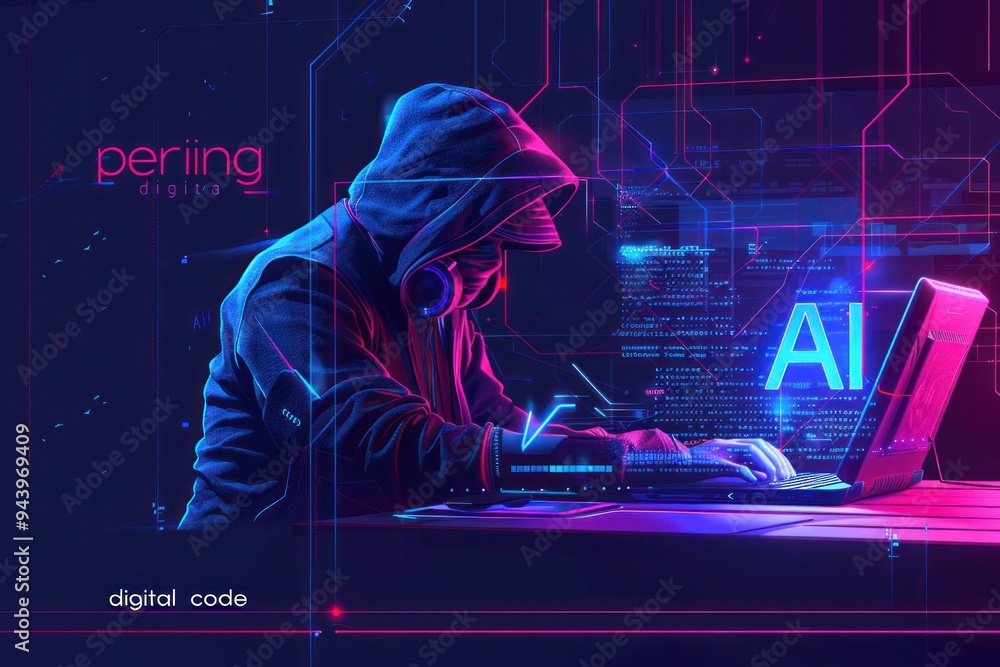 Obraz premium A man is typing on a laptop with the words 