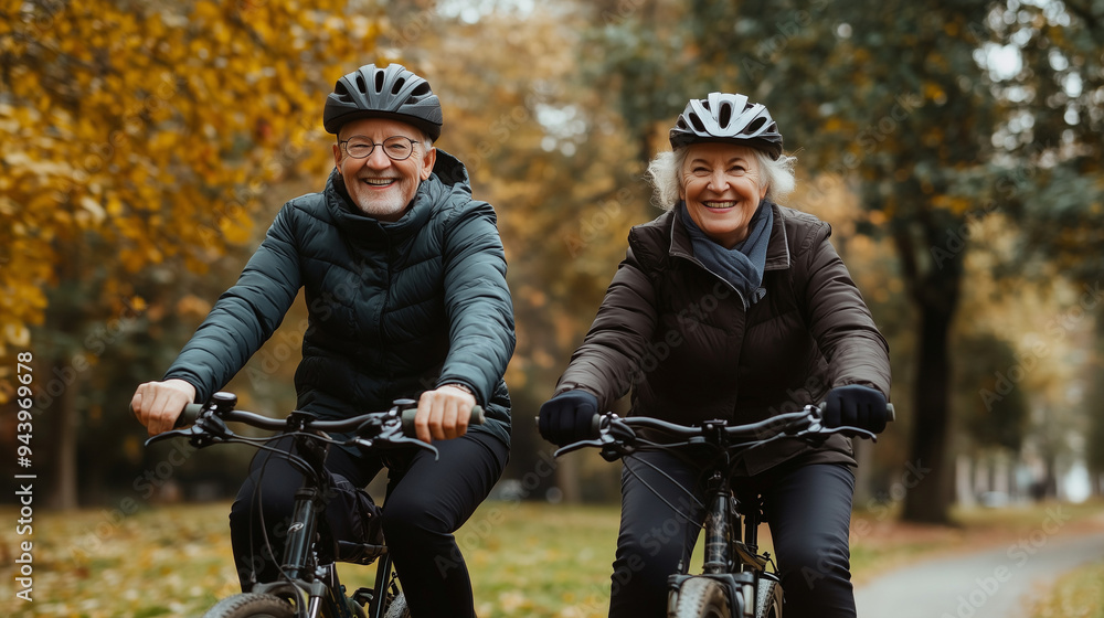 W parku, słoneczny dzień staje się jeszcze jaśniejszy dzięki uśmiechniętej parze seniorów na rowerach. W parku, słoneczny dzień staje się jeszcze jaśniejszy dzięki uśmiechniętej parze seniorów na rowerach.