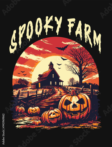 Halloween pumpkin farm t shirt design, haunted house graphic t-shirt, spooky monster pumpkin vector illustration. horror fall farmhouse poster, scary halloween fullmoon 