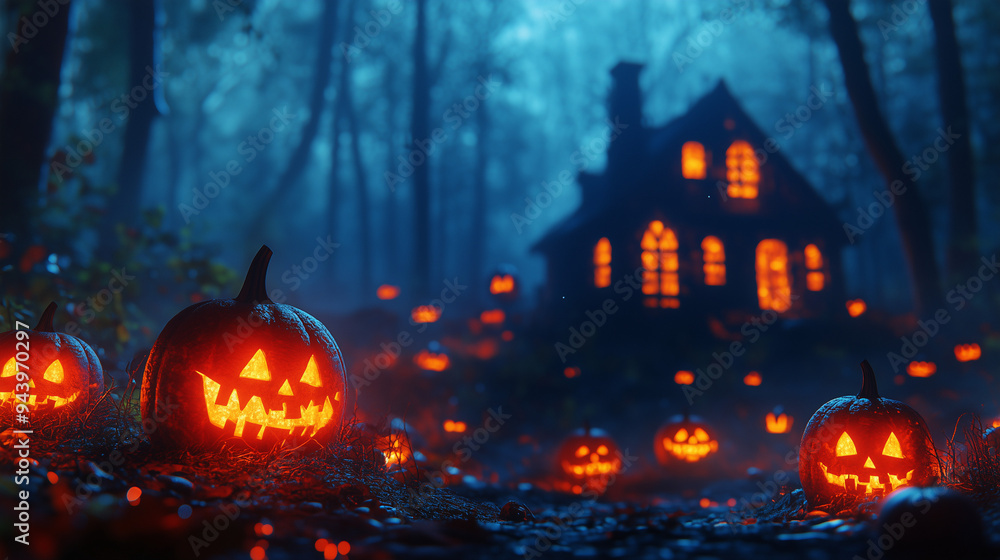 Halloweenowe tło ukazuje złowieszczy dom na tle mrocznego, gęstego lasu. Wśród mniejszych dyni, jedna wyróżnia się szczególnie złowieszczym wyglądem