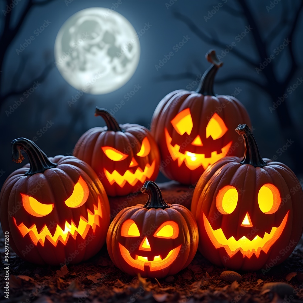 Naklejka premium Spooky JackoLanterns Illuminated by a Full Moon, Halloween background