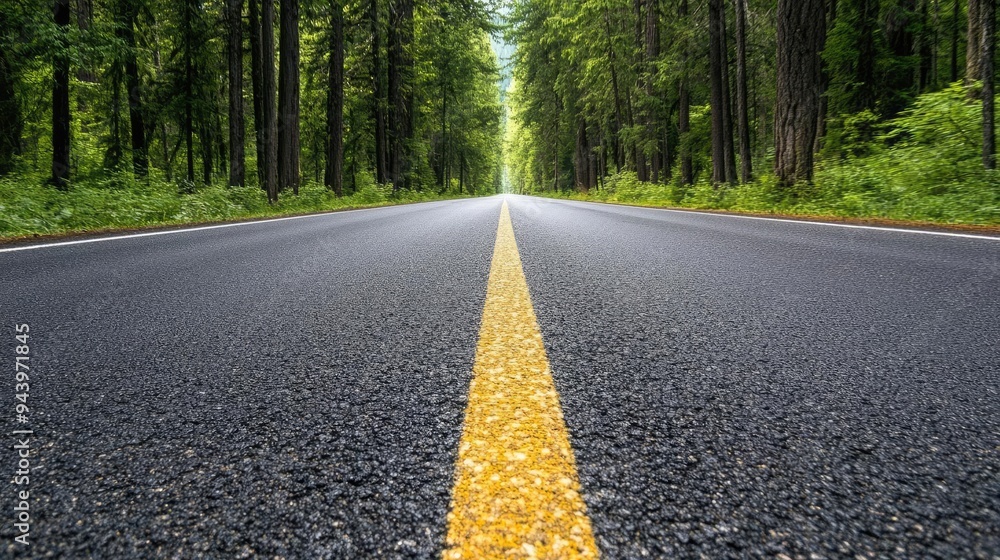 Obraz premium A serene view of a freshly paved road surrounded by lush green trees, inviting travelers to explore the natural landscape ahead.