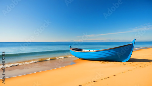 A peaceful beach scene with a solitary blue wooden boat resting on golden sand