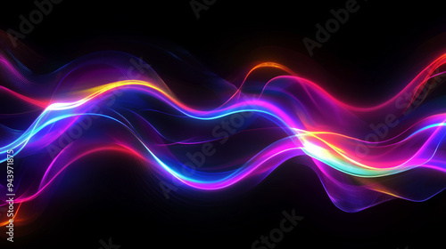 Ciemne tło jest ożywione przez neonowe, futurystyczne błyski i świetlne linie, które tworzą efekt ruchu i pulsacji. 