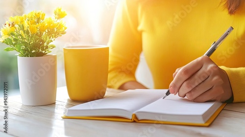 A serene workspace featuring a woman in yellow, writing in a notebook with a cup of coffee and vibrant flowers nearby.