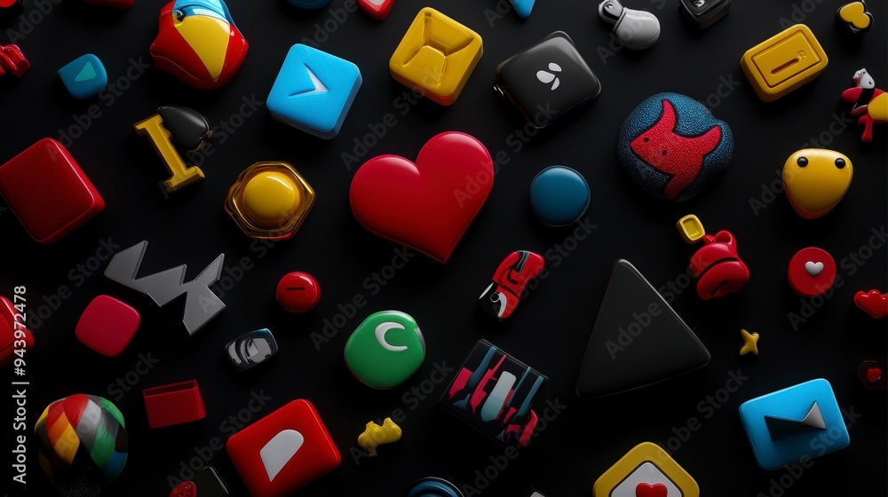 A colorful arrangement of various app icons and symbols on a dark background. A colorful arrangement of various app icons and symbols on a dark background.